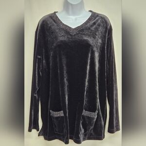 Russ XL 16/18 Black Velour Pullover Sweater Top Pockets Metallic Trim V Neck